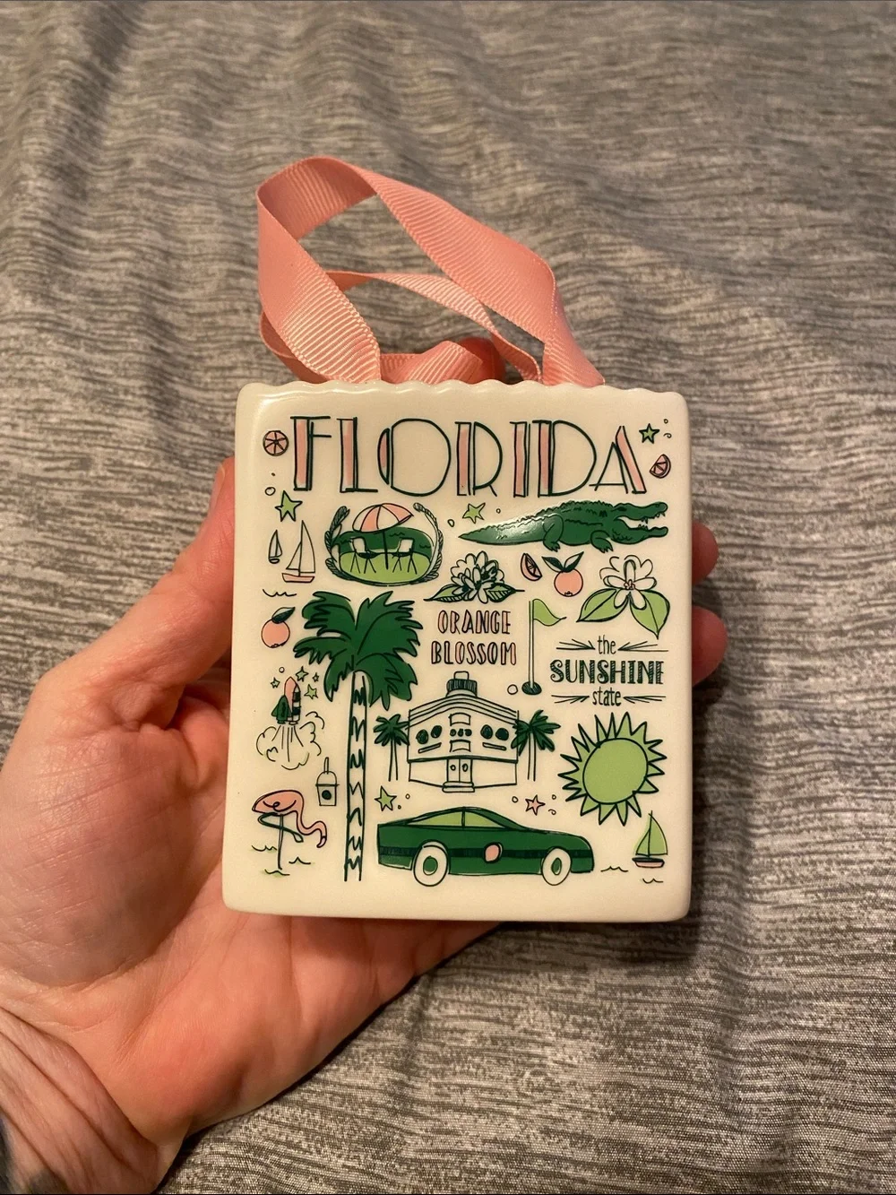 2 Starbucks Ceramic Ornaments Georgia Cup Ornament & Florida Bag Ornament